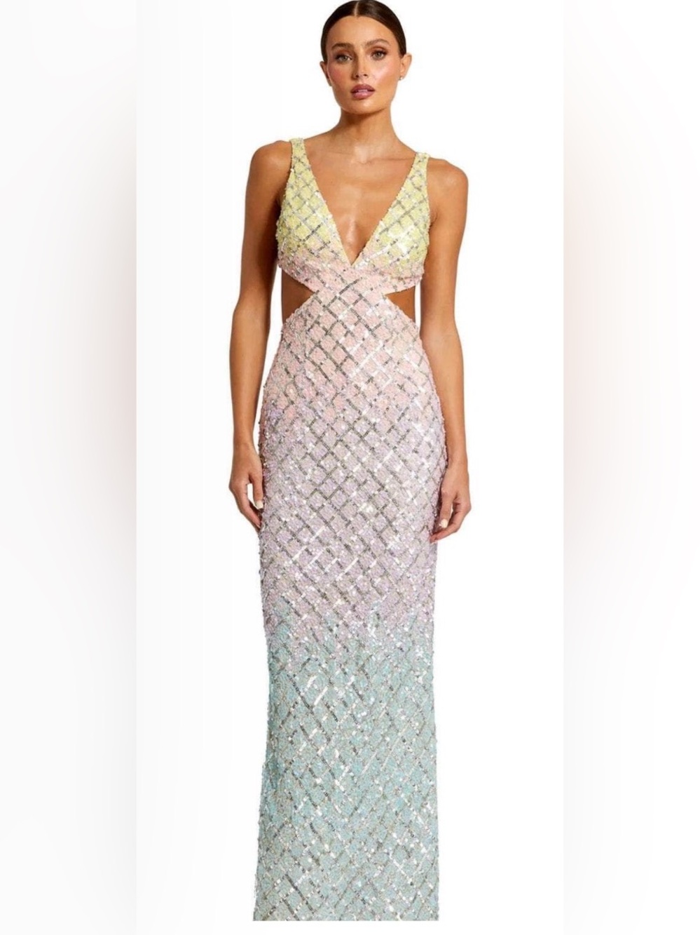 Mac Duggal Pastel Ombre Sequin Strapless Evening Gown - Yellow, Pink, Mint